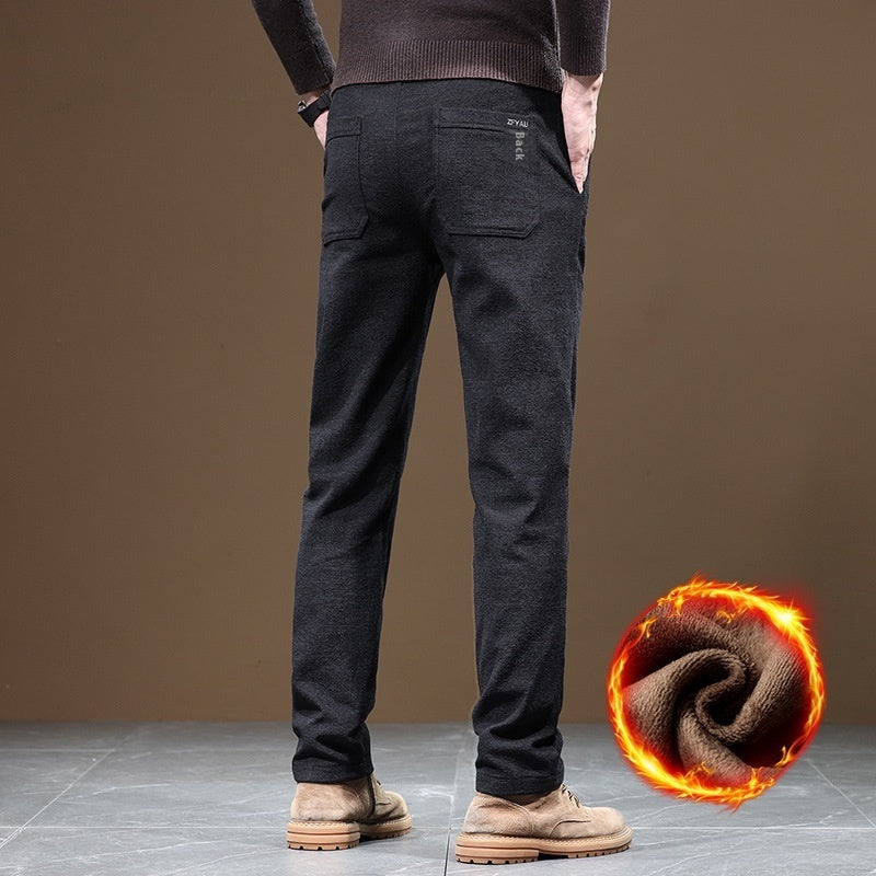 Slim Fit Straight Business Autumn And Winter Fleece-lined Thick Casual Pants Men