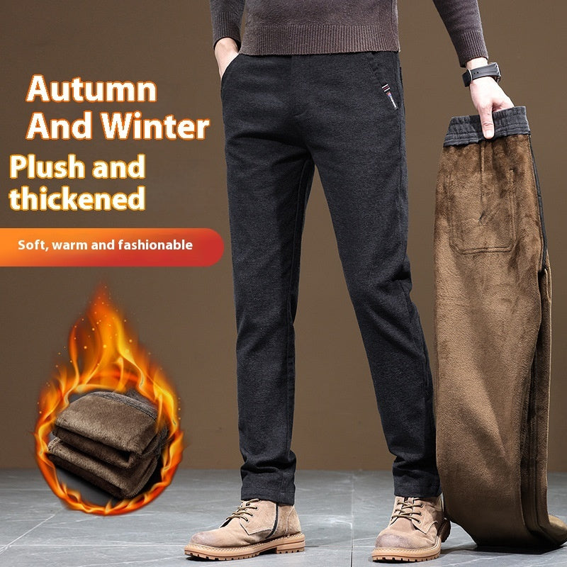 Slim Fit Straight Business Autumn And Winter Fleece-lined Thick Casual Pants Men